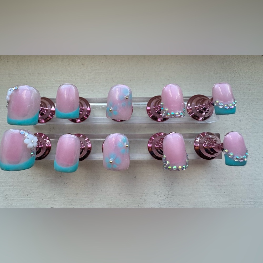 Pink and Teal Press-On Nail Set with Crystal Accents